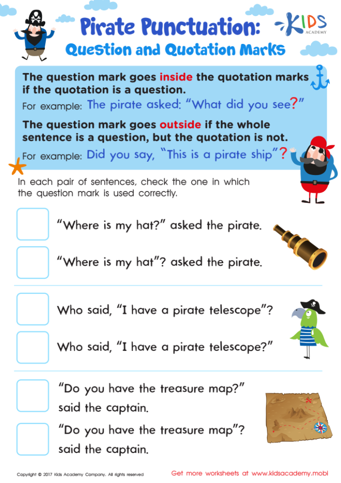 Worksheet focusing on punctuation skills, including quotation marks and capitalization for fourth graders