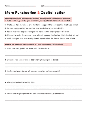 Worksheet focusing on quotation marks, punctuation, and capitalization for fourth graders