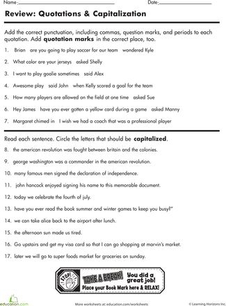 Worksheet for fourth graders on punctuation skills including quotation marks and capitalization
