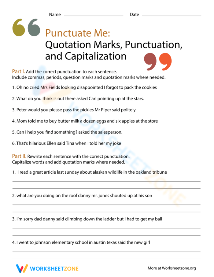 Fourth grade grammar worksheet focusing on quotation marks and capitalization rules