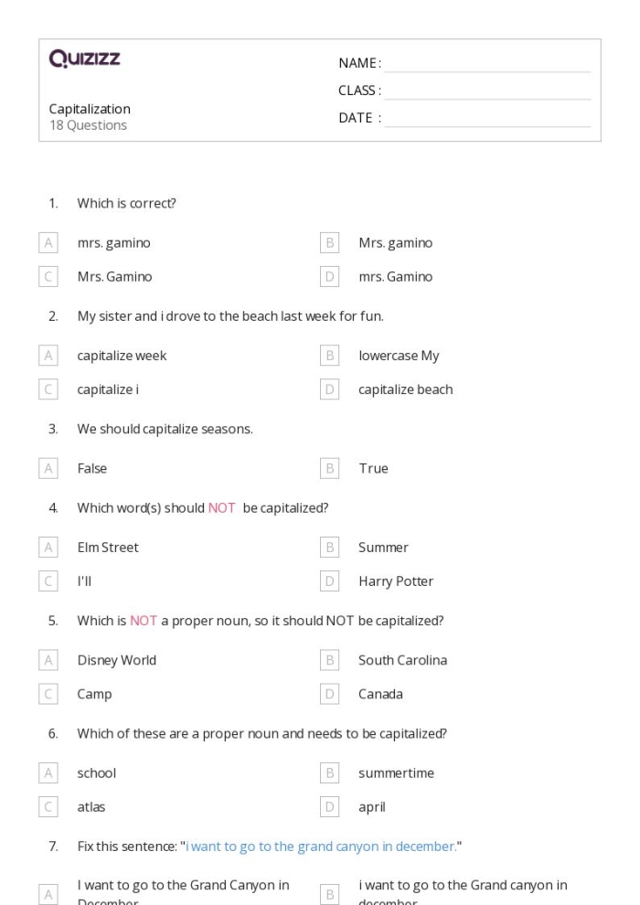 Fourth grade students practicing quotation marks and capitalization on an educational punctuation worksheet