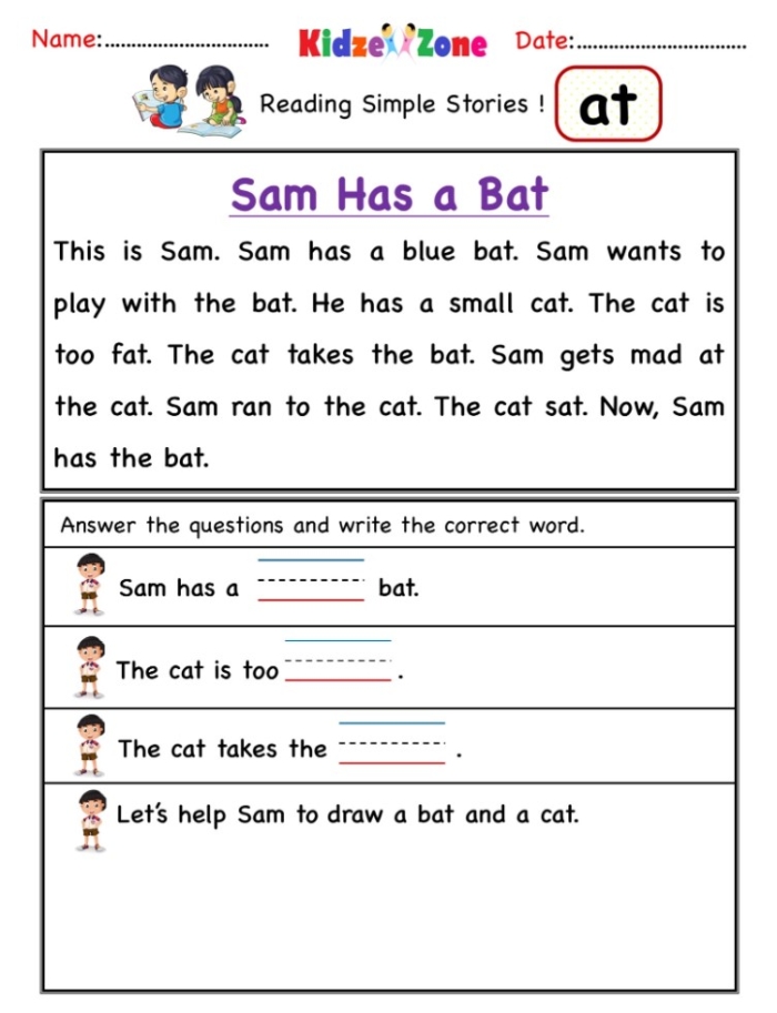Fourth grade reading comprehension worksheet featuring a short story about a girl and her kitten