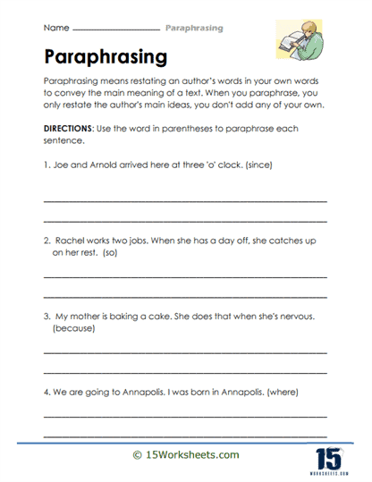 Paraphrasing Practice worksheet designed for fourth graders to improve reading comprehension skills