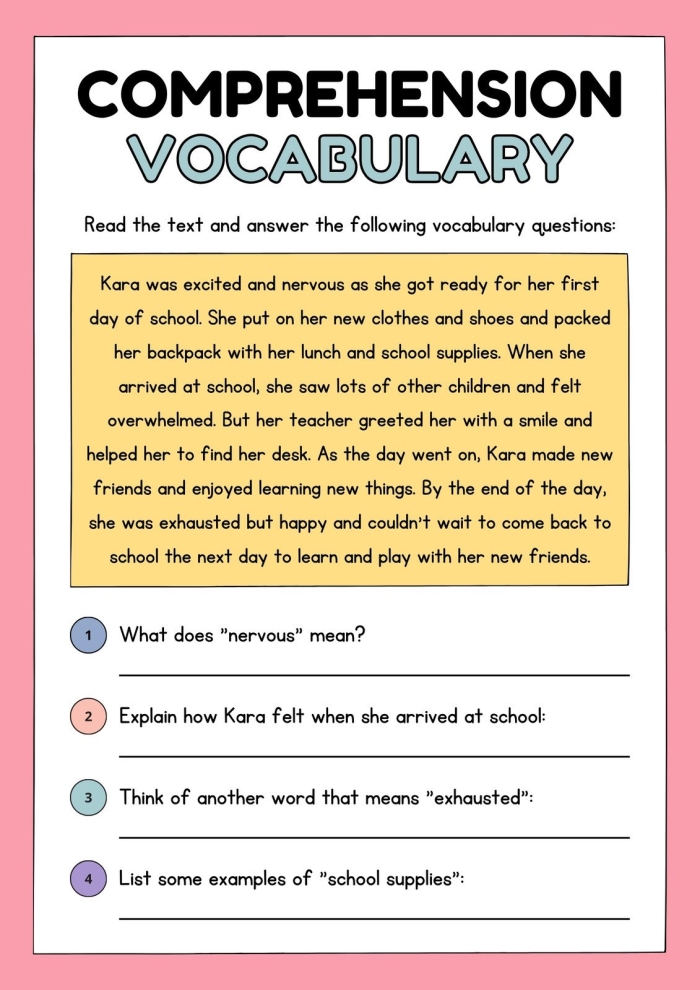 Fourth grade reading comprehension worksheet featuring a story about a girl and her kitten