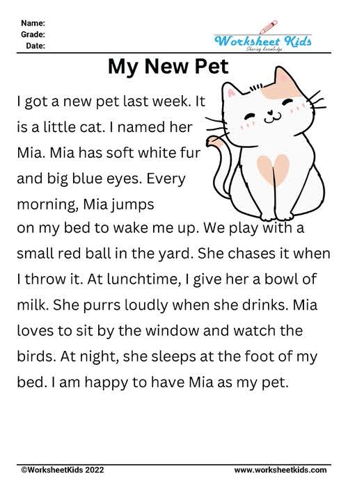 Worksheet for enhancing reading comprehension featuring a story about a girl and her kitten