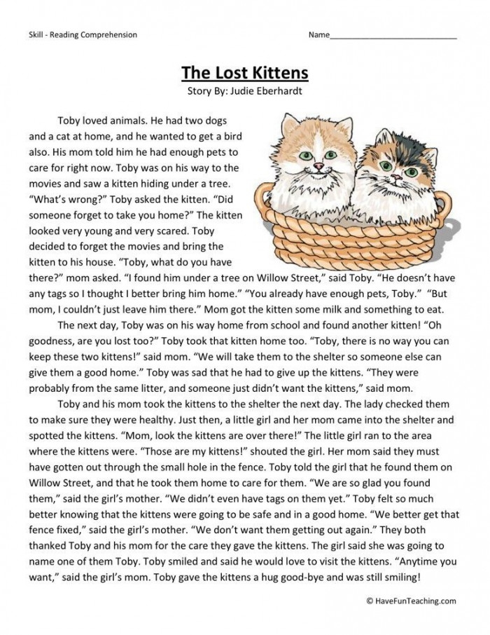 Reading comprehension worksheet featuring a story about a girl and her kitten