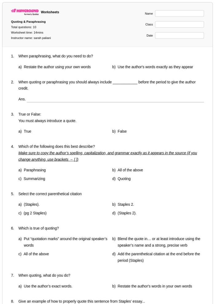 Paraphrasing Practice worksheet designed for fourth graders to improve reading comprehension skills