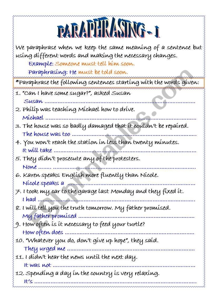 Paraphrasing Practice worksheet for fourth graders focusing on reading comprehension skills