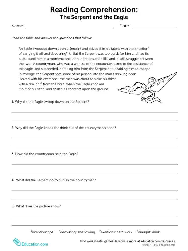 Worksheet for fourth graders focusing on reading comprehension using the fable The Serpent and the Eagle