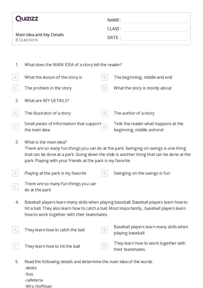 Fourth grade student completing a reading comprehension worksheet about lung anatomy to identify main ideas and details