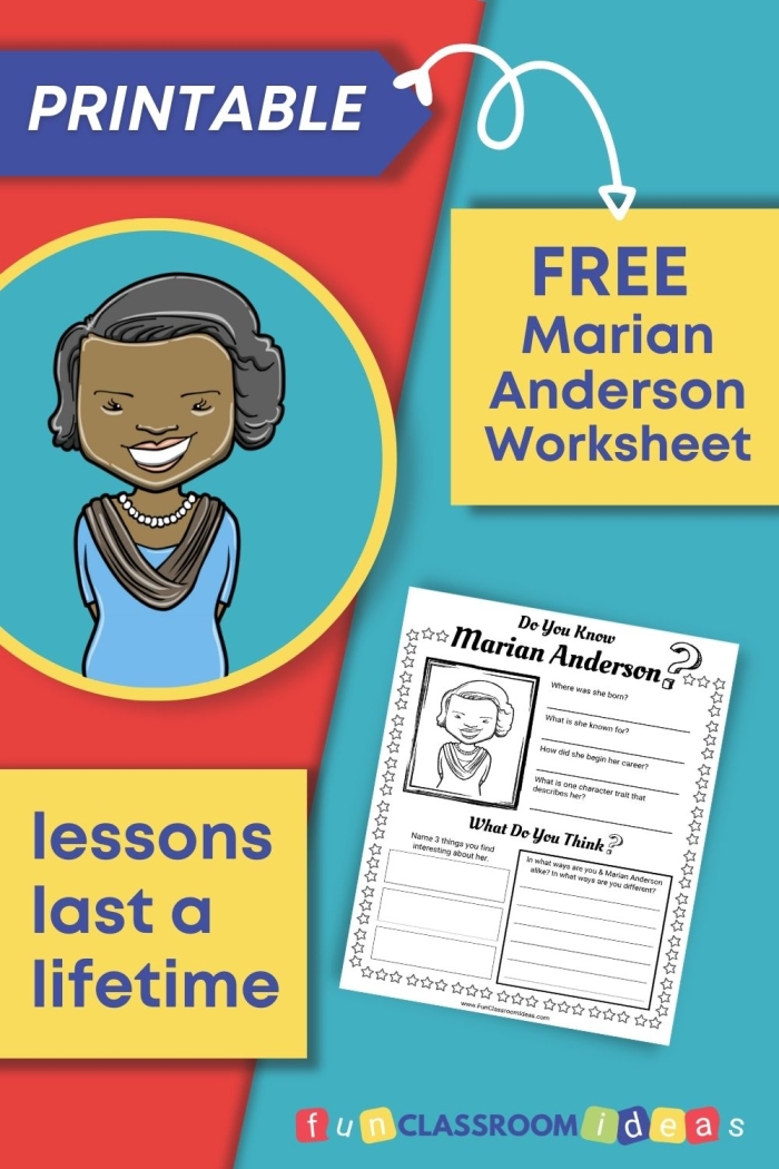 Worksheet featuring Marian Anderson for reading comprehension
