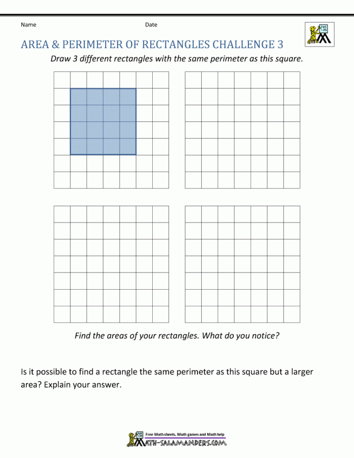 Worksheet for calculating the area and perimeter of a rectangle for fourth graders