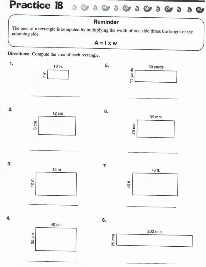 Fourth grade geometry worksheet featuring rectangle area calculations using length and width