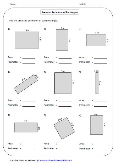 Fourth grade math worksheet featuring area and perimeter of a rectangle exercises for lesson 14