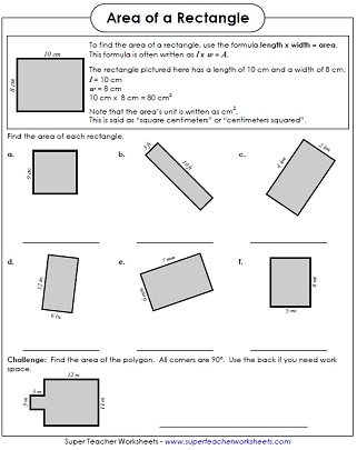 Find the Area of a Rectangle Level 2 Geometry Exercise 13 A colorful fourth grade worksheet featuring seven rectangle problems for practicing area calculations