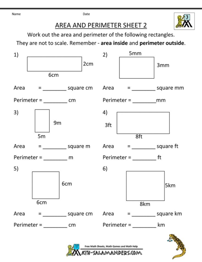 Worksheet for fourth graders on finding the area and perimeter of rectangles