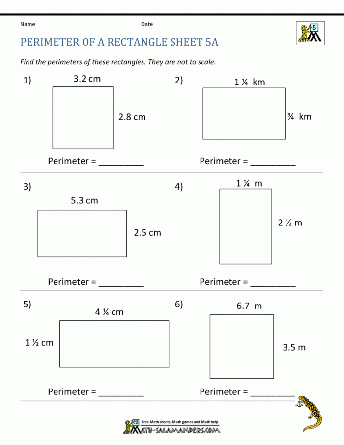 Find the Rectangle's Perimeter worksheet for Grade 4 students Worksheet for calculating the perimeters of rectangles in a fourth-grade geometry class