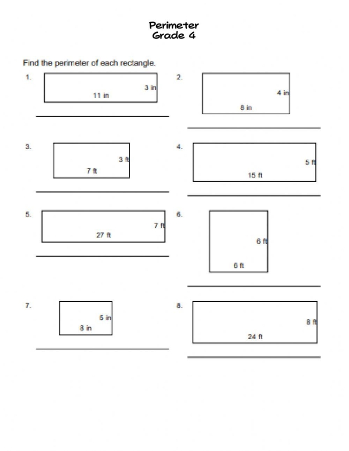 Find the Rectangle's Perimeter worksheet for geometry practice Worksheet for calculating the perimeter of rectangles, designed for fourth-grade students