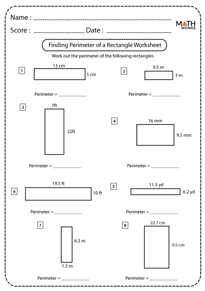 Find the Perimeter of Rectangles Math Practice Sheet 9 Fourth grade geometry worksheet for calculating the perimeter of rectangles