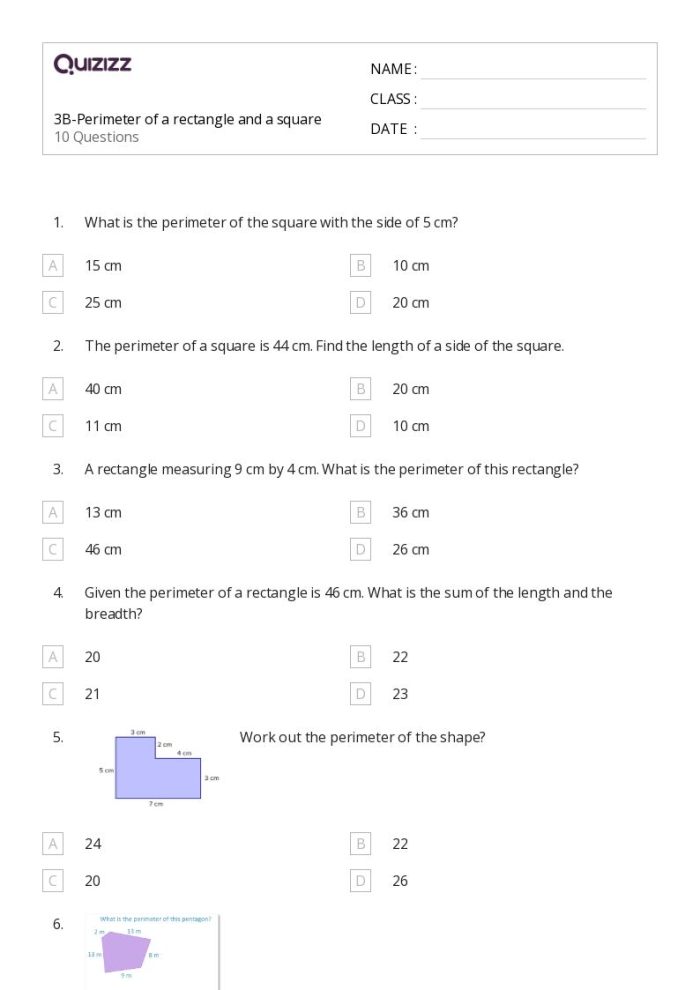 Find the Rectangle's Perimeter Worksheet for Geometry Practice Worksheet featuring exercises to calculate the perimeter of rectangles for fourth graders