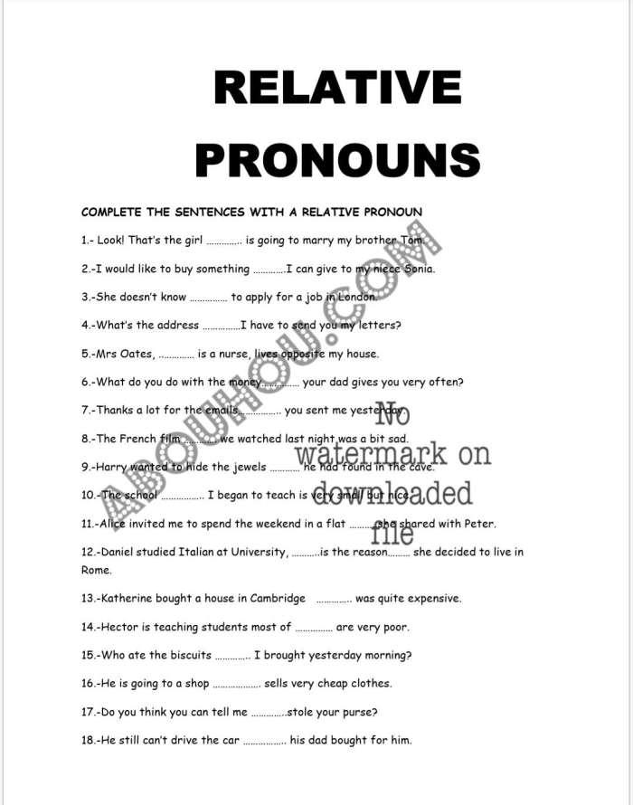 Relative Pronouns Practice Worksheet for Grade 4 Worksheet for identifying relative pronouns in sentences for fourth graders