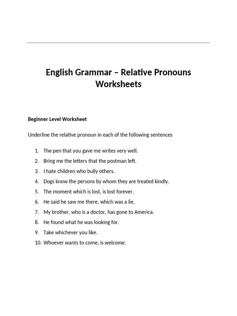 Grammar practice worksheet focusing on relative pronouns for students Worksheet for identifying relative pronouns in sentences for fourth graders
