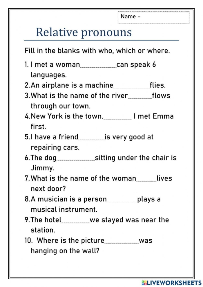 Relative pronouns identification practice worksheet for students Worksheet focusing on identifying relative pronouns for fourth graders