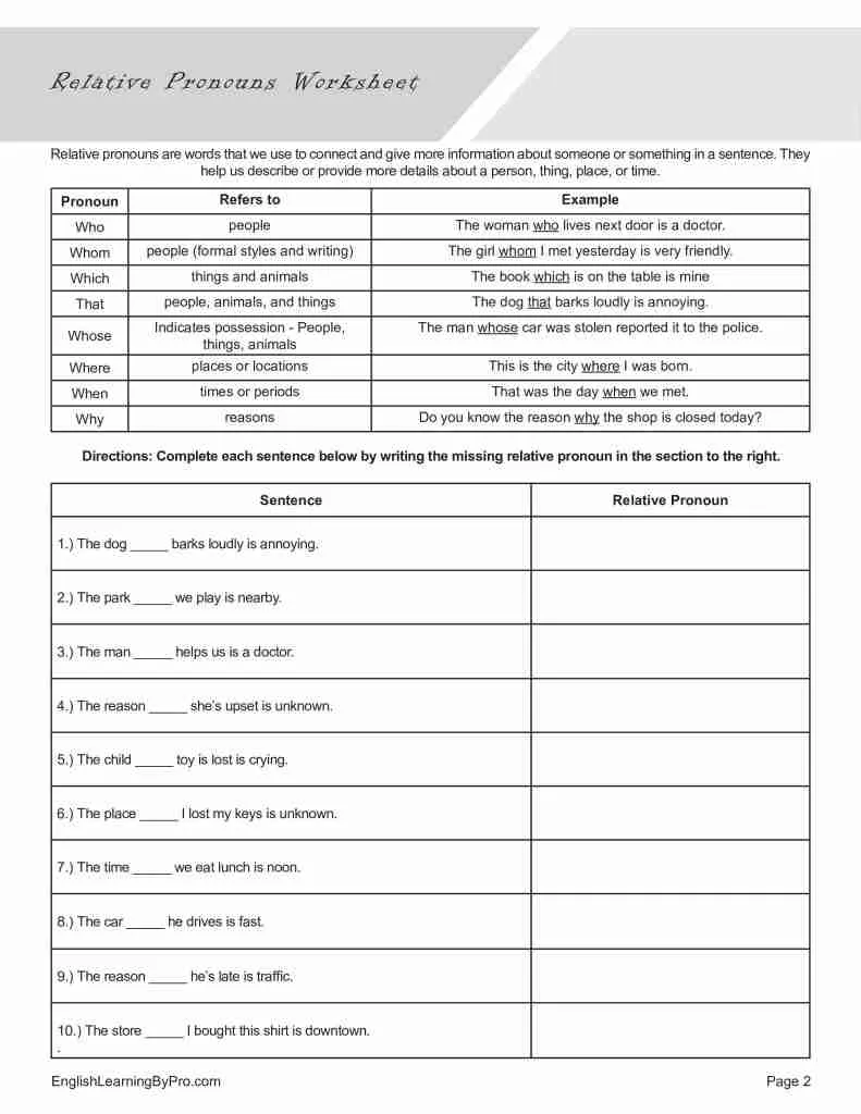 Fourth Grade grammar worksheet: Identify Relative Pronouns activities Worksheet featuring exercises on identifying relative pronouns in sentences