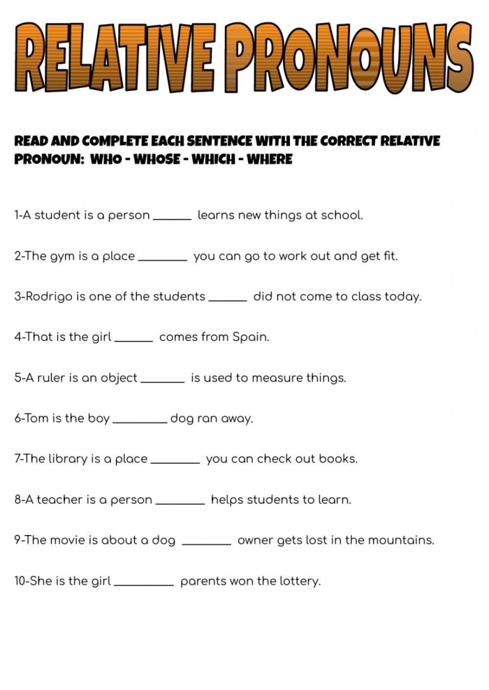 Practice identifying relative pronouns with this engaging worksheet for Grade 4 Worksheet for identifying relative pronouns in sentences for fourth graders