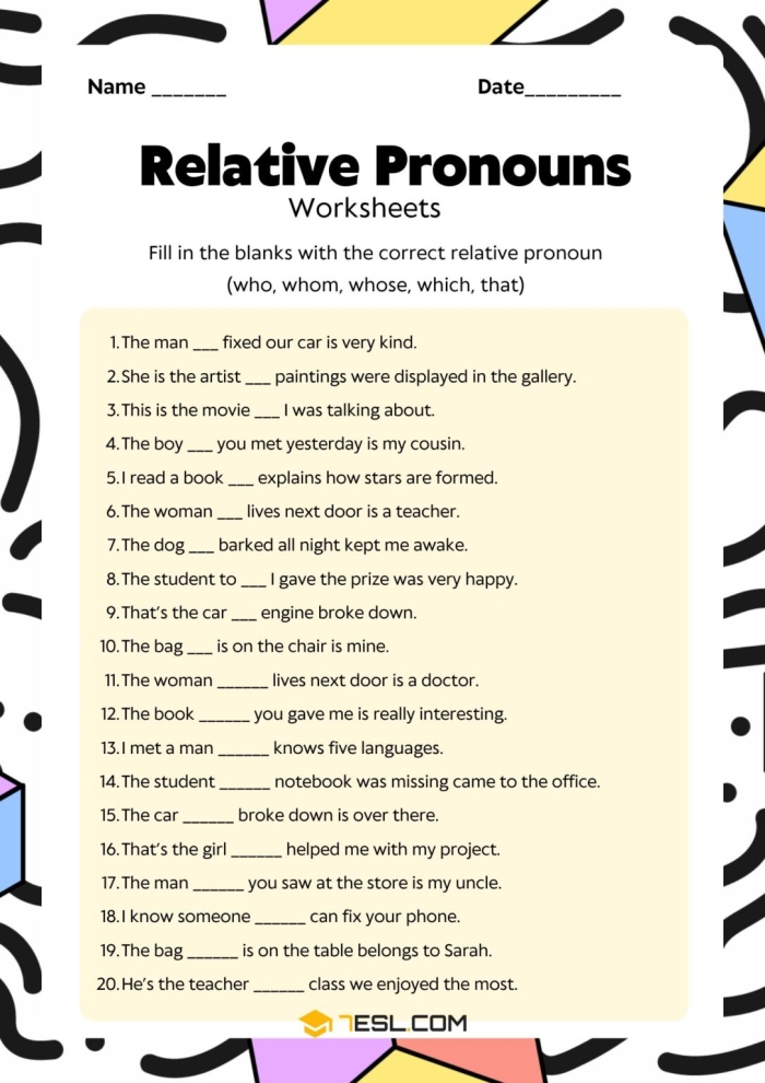 Identify Relative Pronouns Practice Worksheet for Grade 4 Worksheet for identifying relative pronouns in sentences for fourth graders