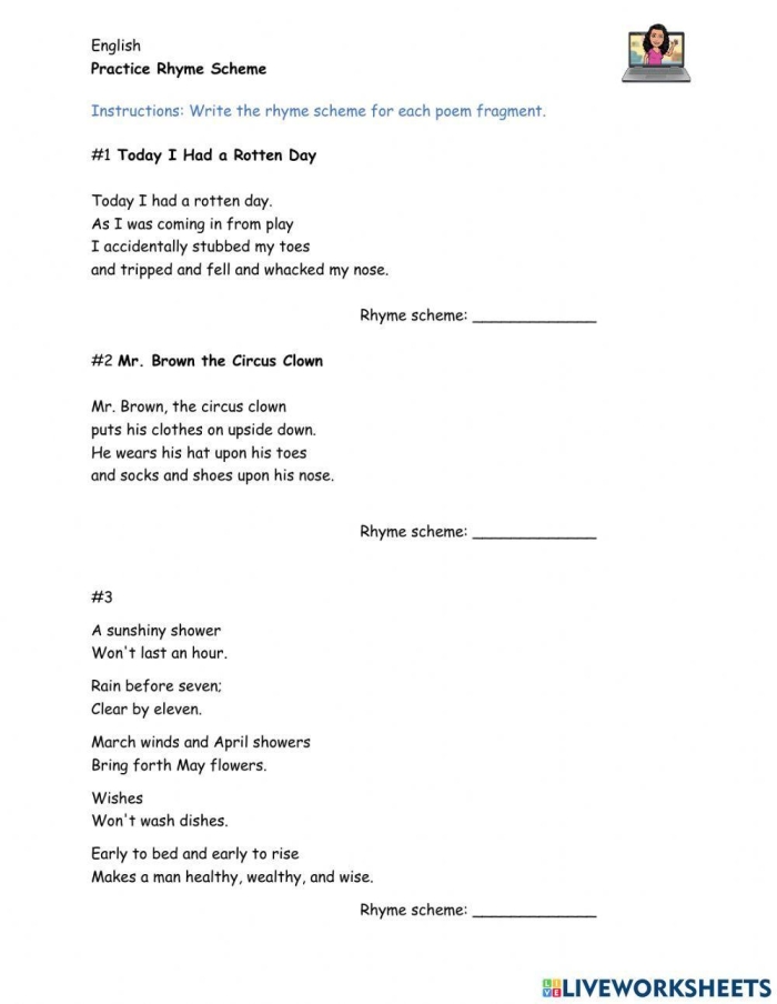 Fourth grade student practicing poetry analysis with a Robert Louis Stevenson rhyme schemes worksheet