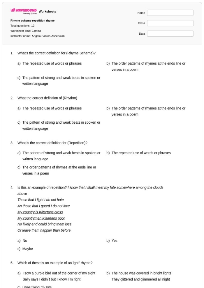 Fourth grade students analyzing rhyme schemes in poetry excerpts from Robert Louis Stevenson on a worksheet activity