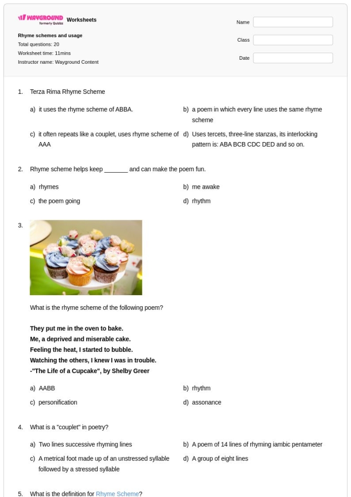 Fourth grade student working on a poetry analysis worksheet featuring Robert Louis Stevenson excerpts and rhyme scheme exercises