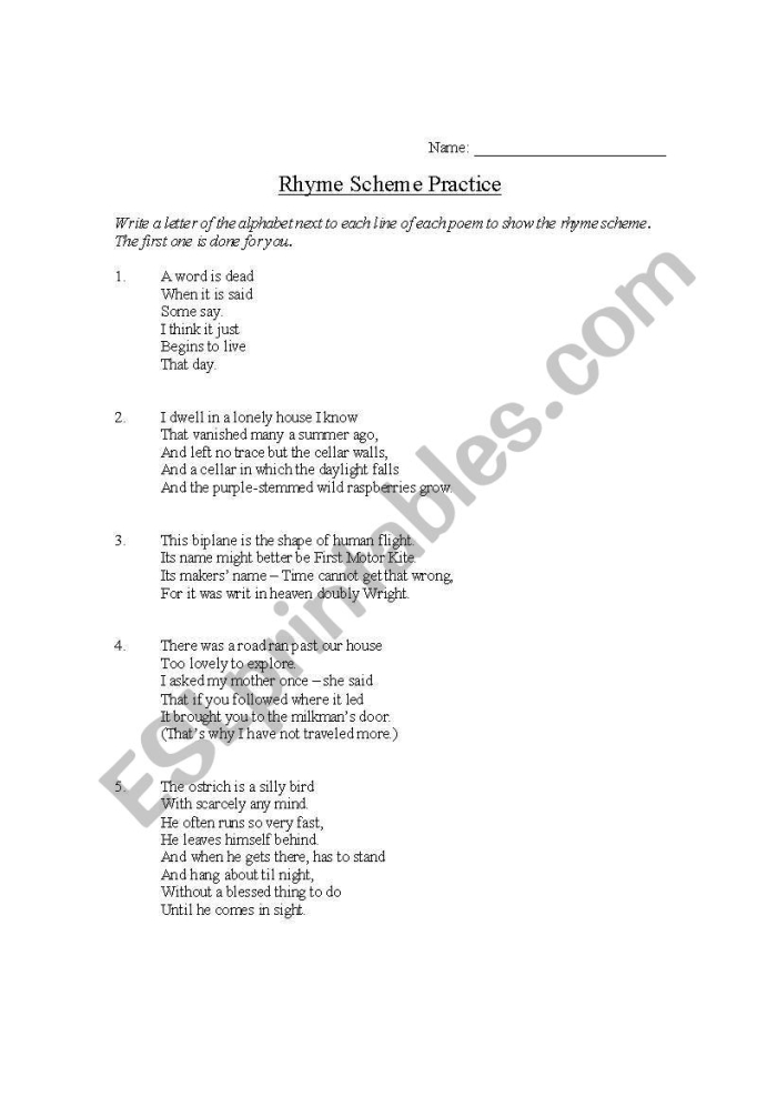 Explore rhyme patterns with this engaging worksheet designed for young poets Rhyme Scheme Practice worksheet for fourth graders focusing on poetry and subtraction skills