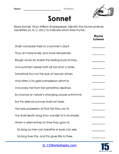 Rhyme Scheme Practice worksheet for young poets, image 3 Fourth grade worksheet for practicing rhyme schemes in poetry
