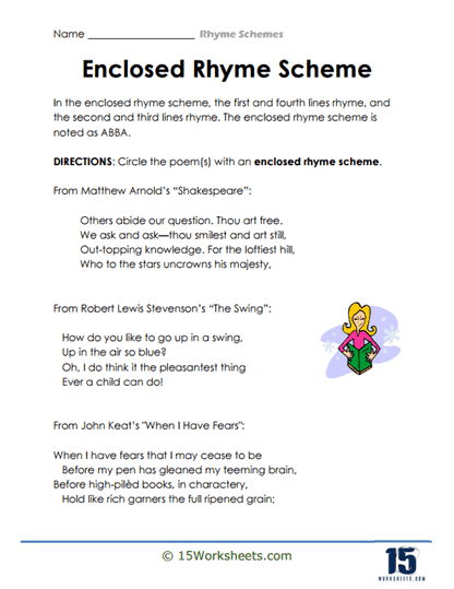 Engaging worksheet to help students identify and understand rhyme schemes Rhyme Scheme Practice worksheet for fourth graders focusing on poetry analysis