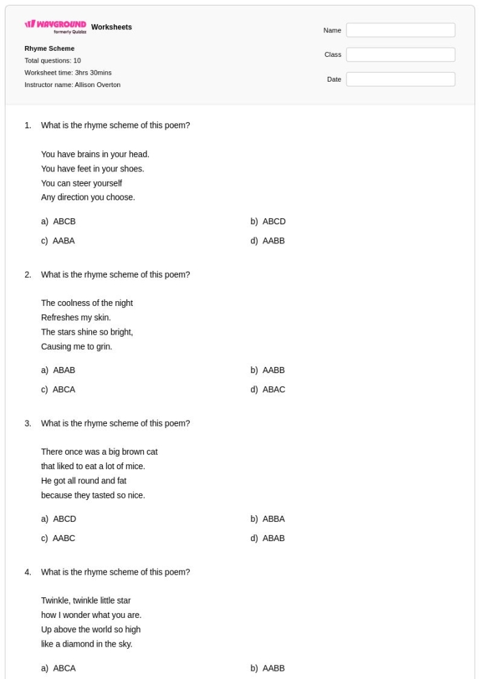 Fourth grade rhyme schemes worksheet featuring poetry excerpts and analysis activities for young writers