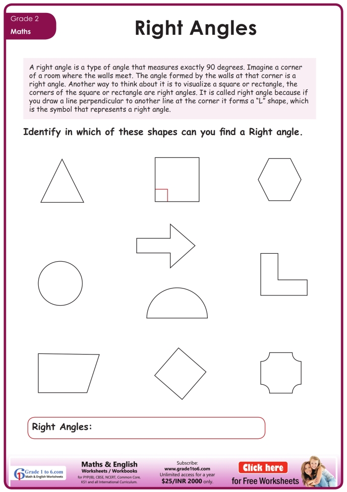 Fourth grade geometry worksheet featuring exercises on identifying and drawing right angles