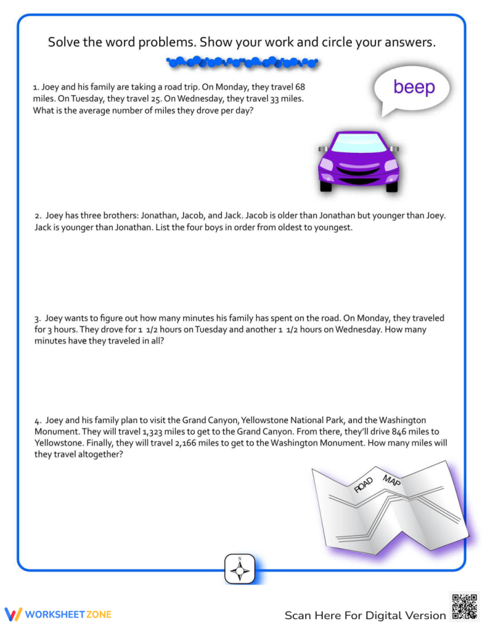 Engaging road trip word problems to enhance addition and division skills Road trip themed math worksheet featuring word problems for fourth graders