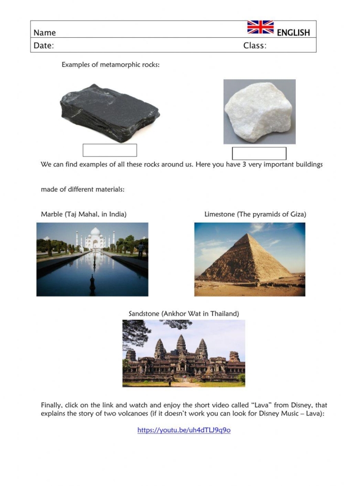 Fourth grade Earth science worksheet showing diagrams of different rock formations