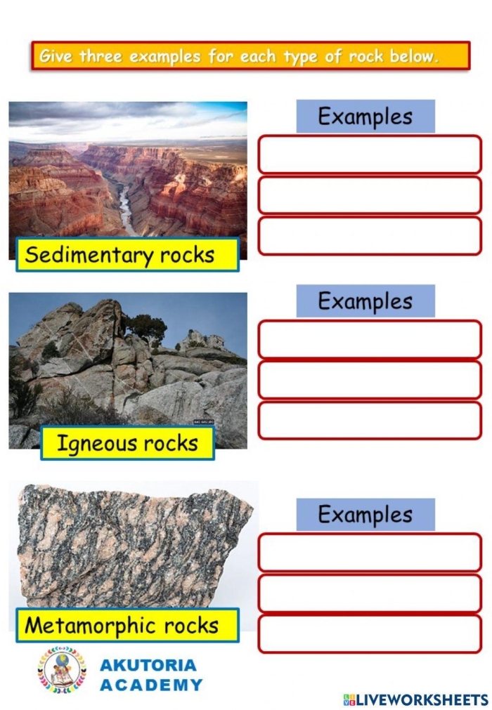 Colorful rock formations illustrated on a fourth-grade science worksheet