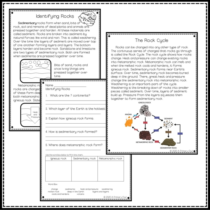 A colorful fourth grade Earth and Space Science worksheet featuring various types of rock formations