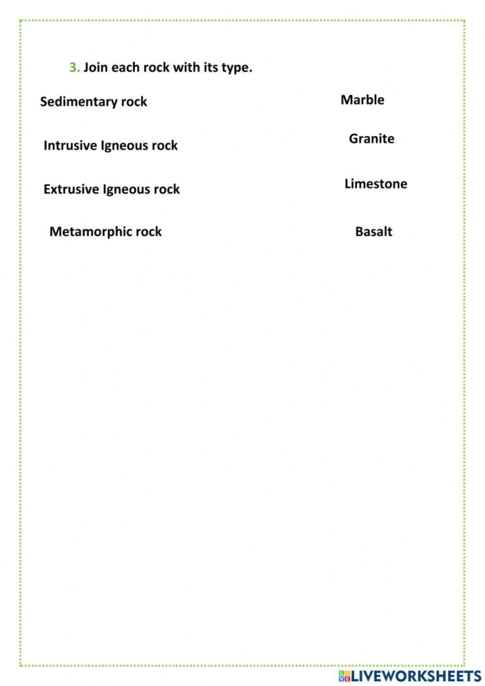 Colorful rock formations illustrating different types of rocks for a fourth-grade science worksheet