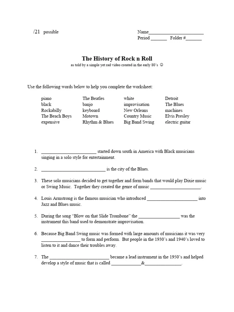 Worksheet exploring the history of rock 'n' roll music and its African-American roots