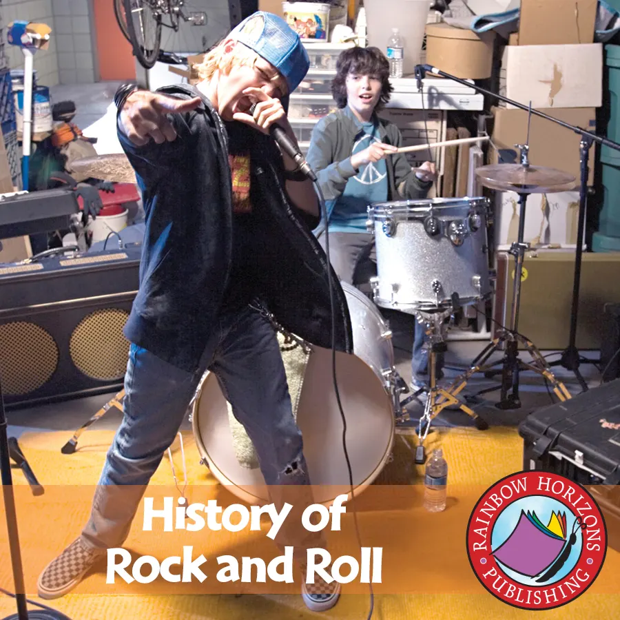 Illustration of a worksheet focused on the history of rock 'n' roll music for fourth graders