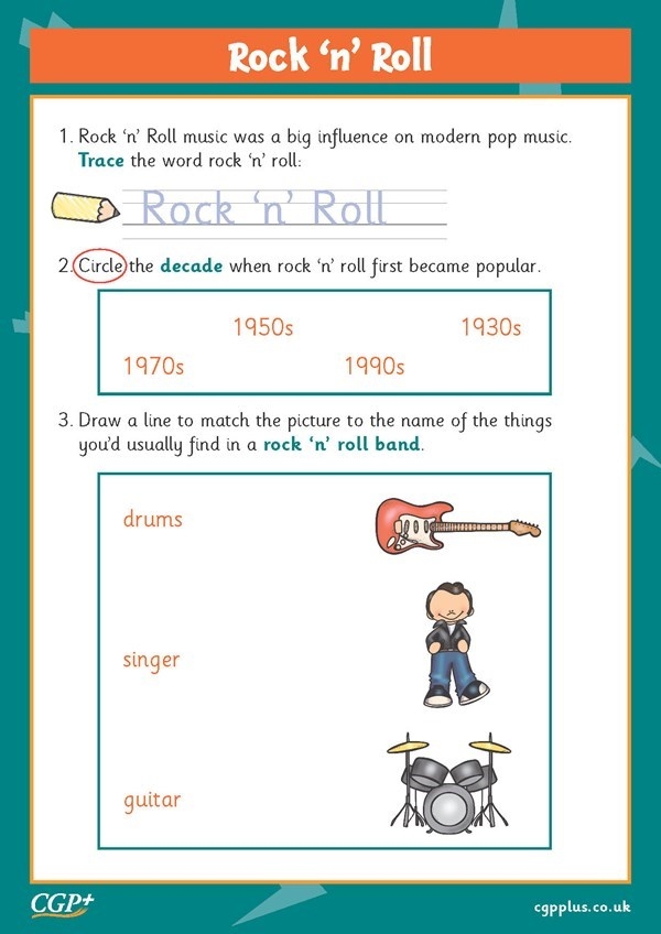 A colorful worksheet for fourth graders exploring the history of rock 'n' roll and its African-American roots. Educational resource celebrating Black History Month through music history.
