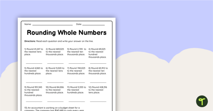 Fourth grade math worksheet showing rounding multi-digit whole numbers practice problems with visual number line examples