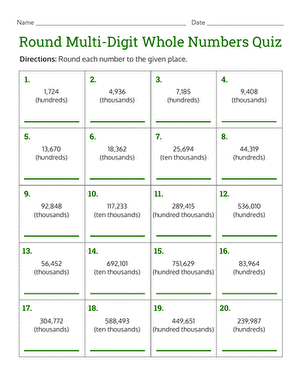 Fourth grade students practicing rounding multi-digit whole numbers on a worksheet exercise