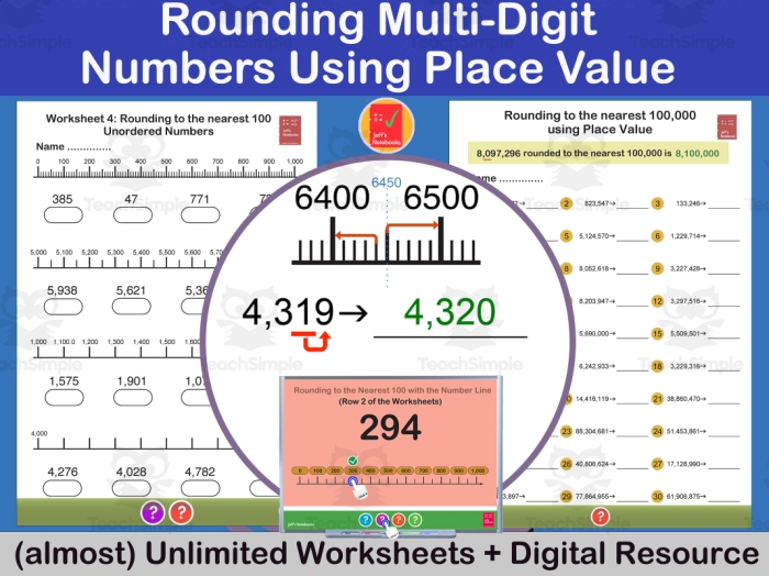 Fourth grade student worksheet featuring practice problems for rounding multi-digit whole numbers