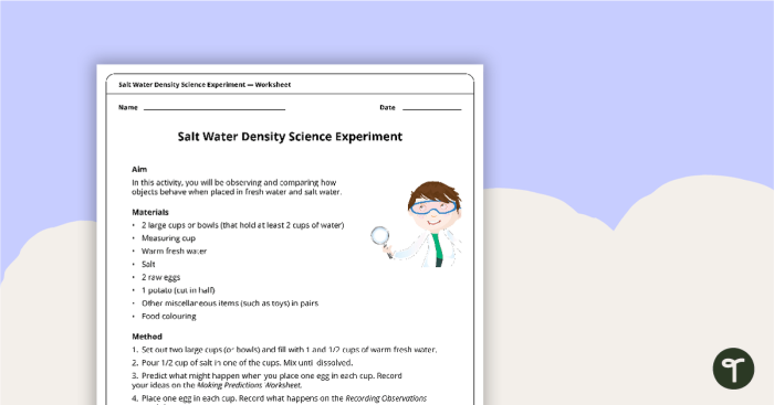 Worksheet featuring an experiment demonstrating the density of salt water with food coloring and fresh water. Educational activity for fourth graders exploring the properties of salt water density.